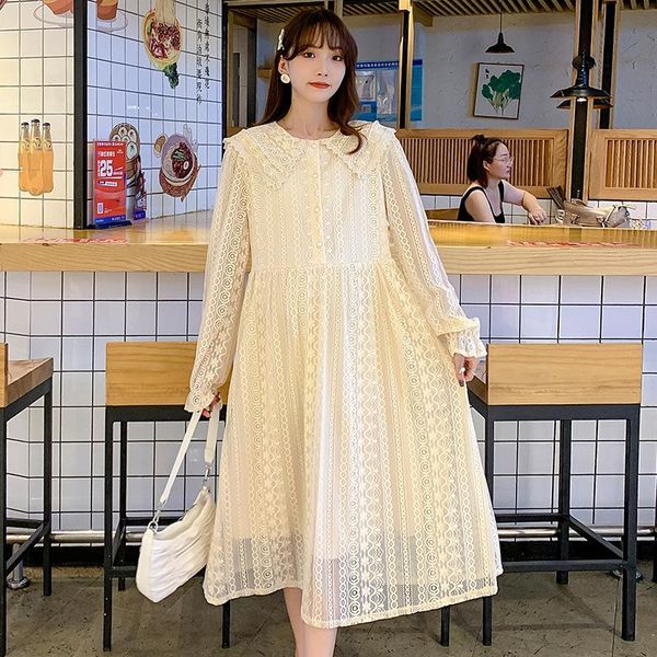 

maternity dresses 2021 autumn dress lapel long sleeve loose large lace, White