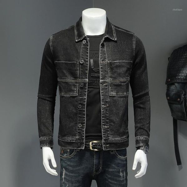 

mens fashion denim jackets spring autumn casual black cotton patchwork jeans coat men's, Black;brown