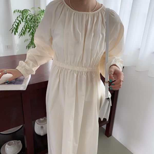 

mozuleva 2021 korean fashionable elegant japanese minimalist white apricot dress in long sleeves, Black;gray