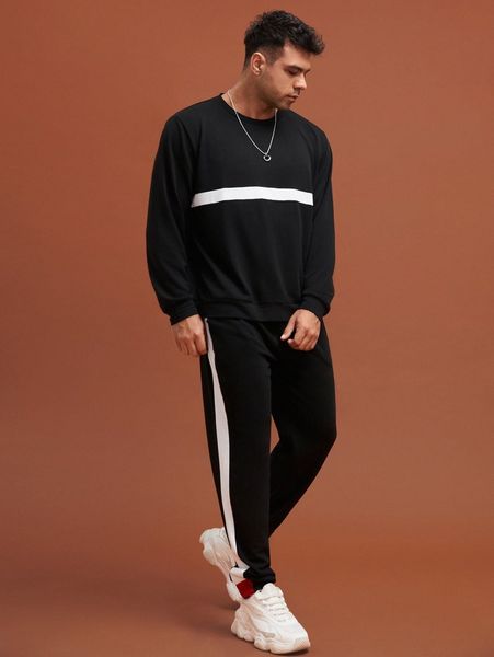 

extended sizes men contrast panel sweatshirt & sweatpants i2gd#, Gray