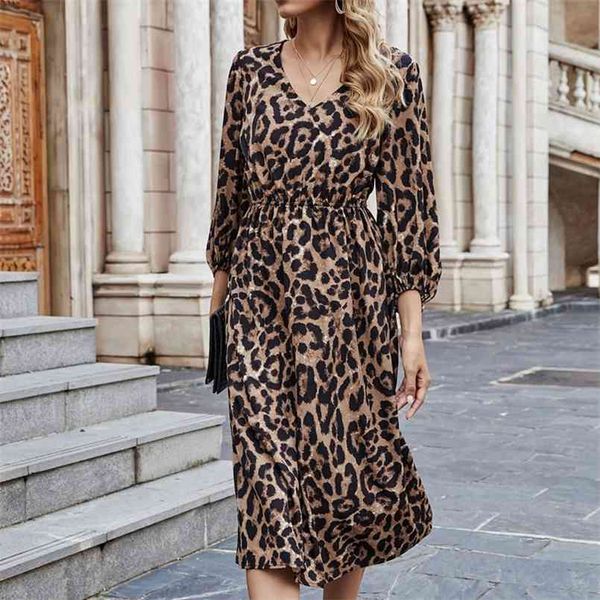 

fashion a-line leopard dresses women retro v-neck print long-sleeved dress autumn maxi for high street vestidos 210508, Black;gray