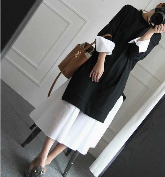 Koreanischen Stil Mutterschaft Mode Lange-ärmeln Kleid Herbst Schwangere Frauen Kleidung Adrette Schwarz Weiß Baumwolle Kleid Großhandel