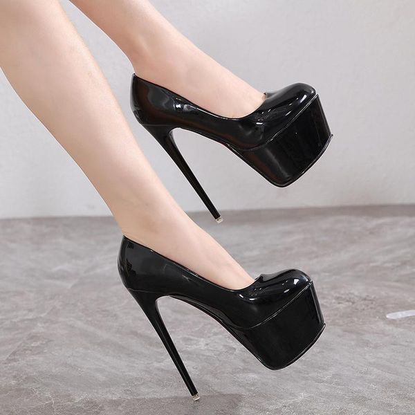 

dress shoes 16cm super high heel shallow mouth single platform thick bottom nightclub stiletto round toe women's winter, Black