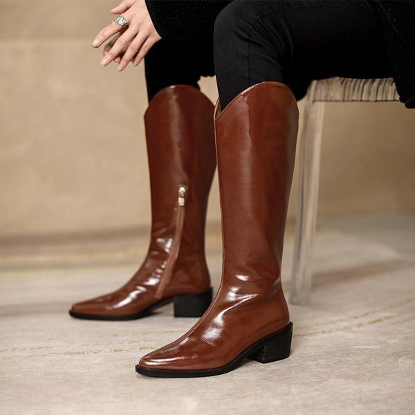 

boots qzyerai 2021 fashion genuine leather women knee-high western pointed toe ladies black