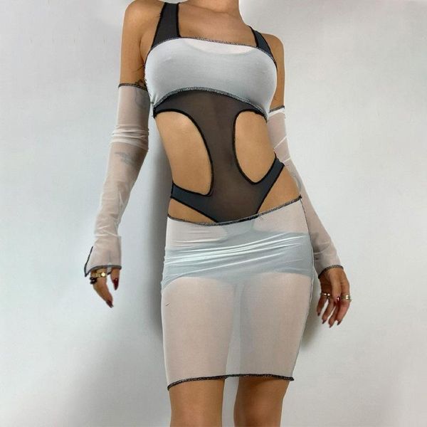 

casual dresses dsmtrc mesh cut out sheer see through 3 piece sets for women long sleeve club skinny 2021 matching set clothing fall, Black;gray