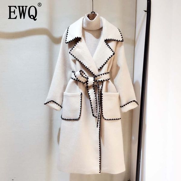 

[ewq] autumn winter new lapel long sleeve white patchwork pockts adjustable waist woolen coat women fashion tide ah133 201224, Black