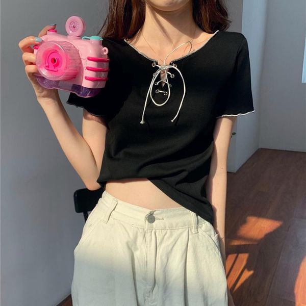 

harajuku fashion lace up crop summer women y2k v-neck short sleeve t-shirts korean solid colors slim drawstring women's t-shirt, White