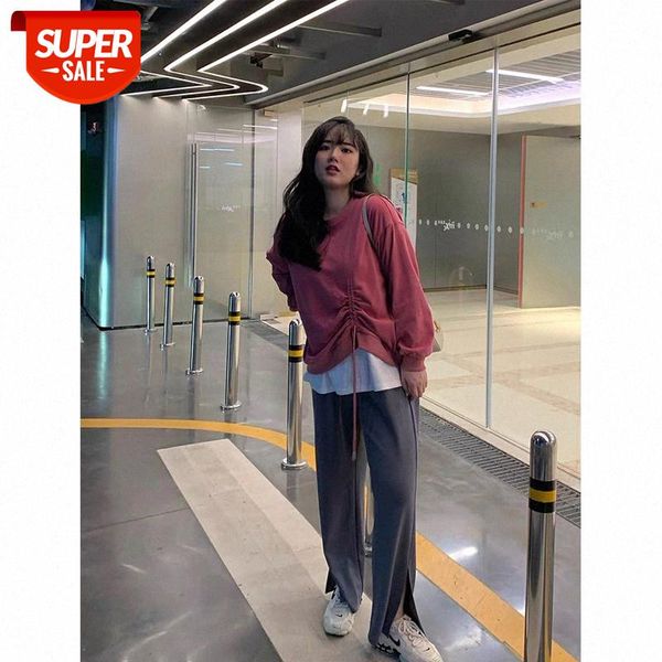 

stitching fake two-piece sweater women's fat mm loose drawstring pullover long-sleeved was thin and trendy #ku7t, Black