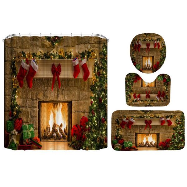 

shower curtains 4pcs/set christmas bathroom fireplace pattern bath curtain with non-slip rugs toilet lid cover mat hfing