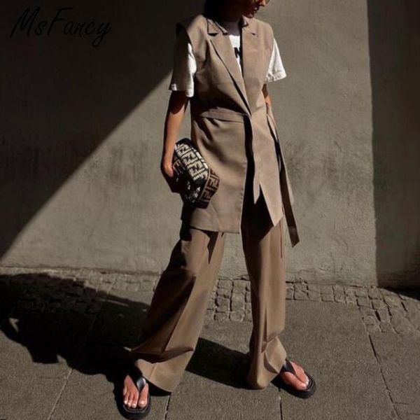 

women's two piece pants msfancy pant set women chic single button lace- up suit vest high waist wide leg trouser 2021 fall official 2 s, White