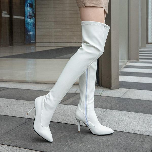 

boots black white stiletto women stretch pu leather high heel over the knee autumn winter zipper woman's shoes