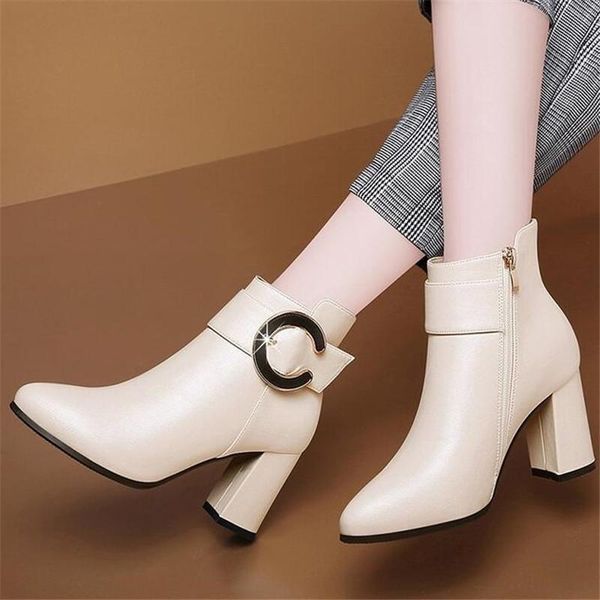 

boots 2021 women ankle spring autumn high heels ladies fashion side zipper pointed toe black leather shoes sizes 35-40