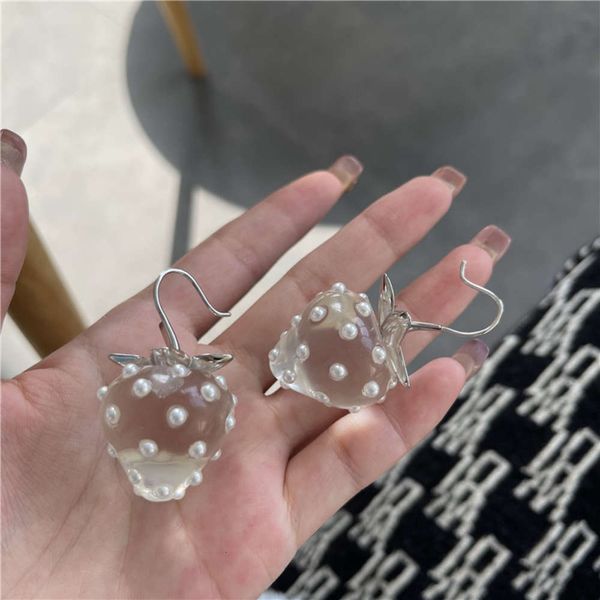 

korean transparent crystal pearl big strawberry earrings for women, Black
