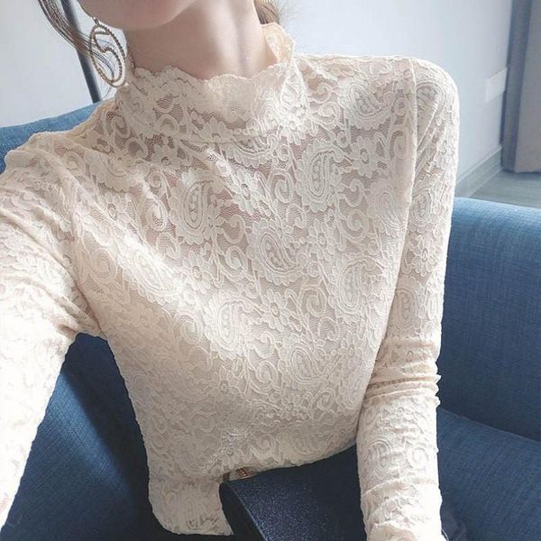 

spring autumn long sleeve sweet blouse women fashion stand collar lace hollow out shirt lady solid color bottoming y women's blouses &, White
