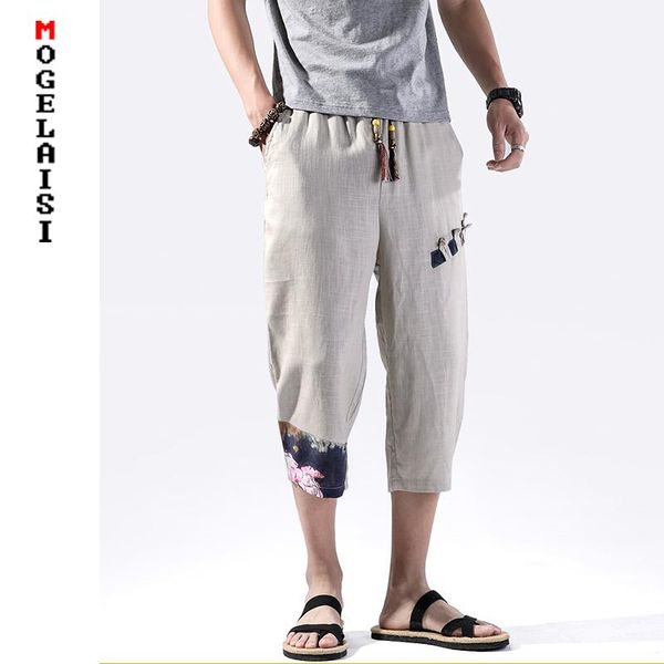 

men's shorts men summer knee length pants linen cotton elastic waist casual harem homme drop plus size 5xl qt3023-k90, White;black