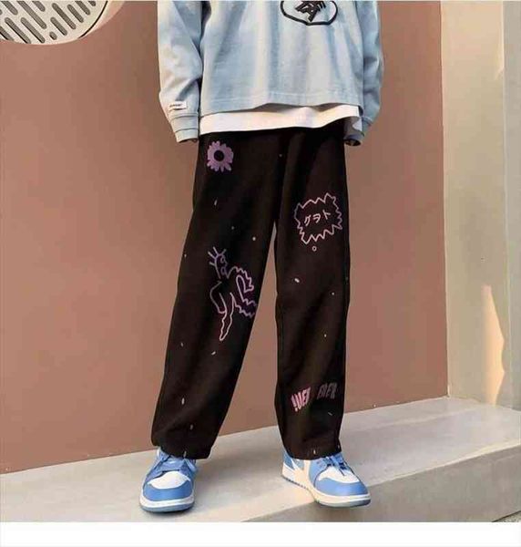 

korean fashion wide leg spring womens capri print trousers loose casual streetwear high waist pants, Black;white