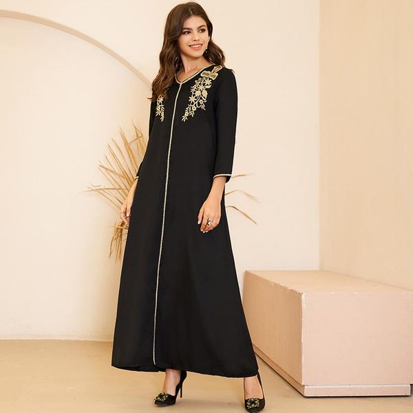 

casual dresses summer women's fashion arabian style v-neck gold embroidery pair flower long loose sleeve dress plus size, Black;gray
