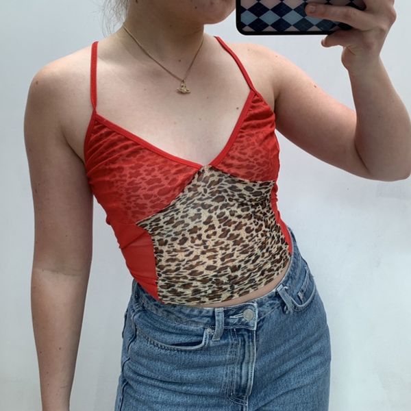 Mesh Spleißen Leibchen Frauen y2k top Leopard Print Hosenträger Tank Tops Tiefem V-ausschnitt Clubwear Streetwear Schlaf Tops X0507