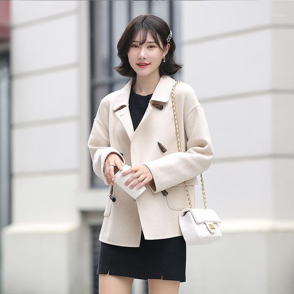 

women's wool & blends korean short herringbone double-sided cashmere coat blazer autumn winter 2021 small woolen, Black