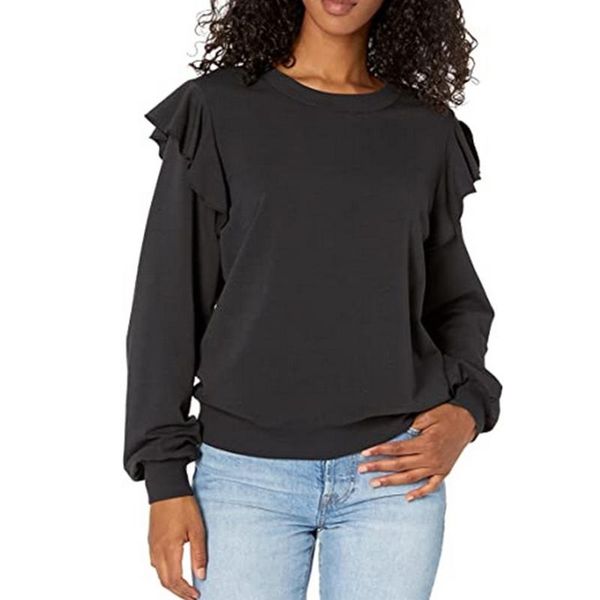 

women's hoodies & sweatshirts ruffled shoulder super soft stretch round neck long-sleeve sweatshirt feminino inverno molelet #g2, Black