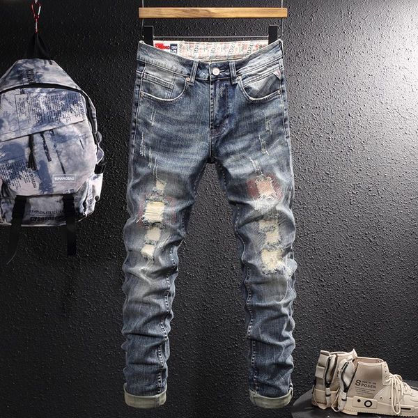 

men's jeans street style fashion men retro blue slim fit destroyed ripped embroidery designer hip hop casual denim pants