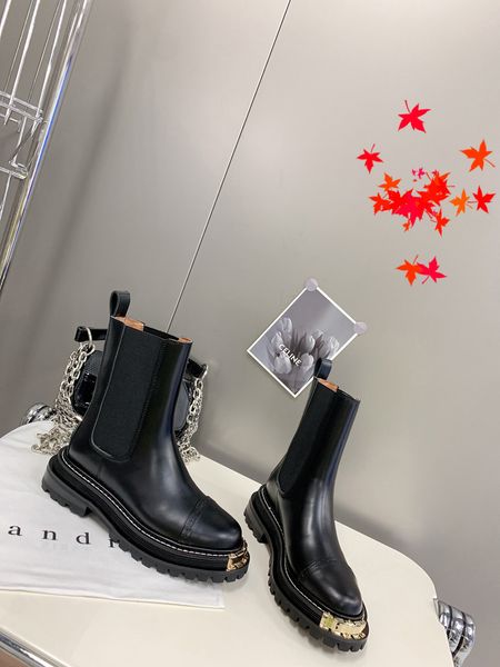 

2022 leather boots ladies short ankle cowskin boot autumn winter chunky heel martin booties fashion camfortable shoes with box size 35-40 -h, Black