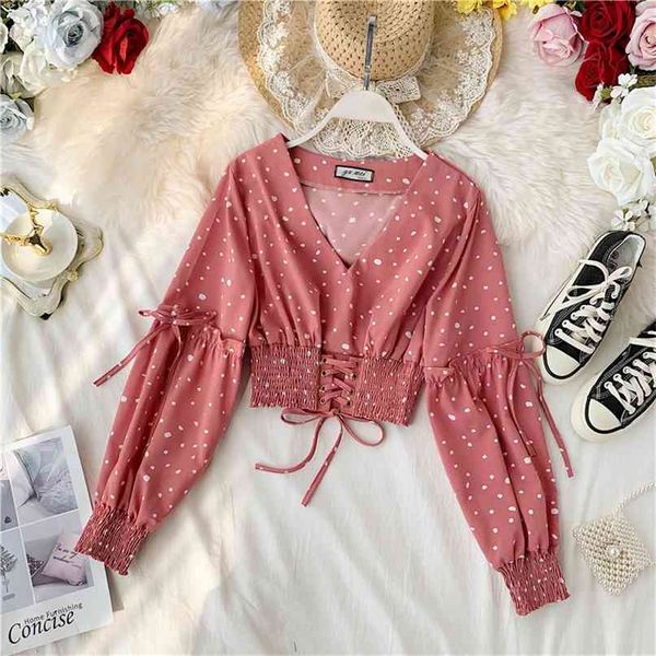 

korean retro v collar long sleeved casual shirt women chiffon high waist short crop blusas femininas elegante j955 210527, White