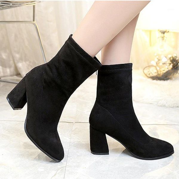 

women mid calf boots solid suede zip shoes high footwear ladies elegant flock shoe heel comfort boot fashion1, Black