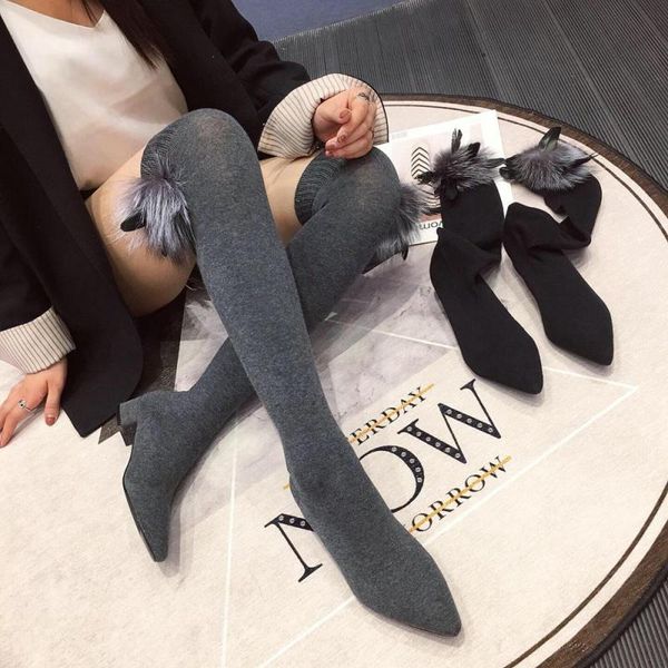 

autumn shoes woman over the knee sock boots chunky heel knitting fur pointed toe elasitc slim botas mujer plus size, Black