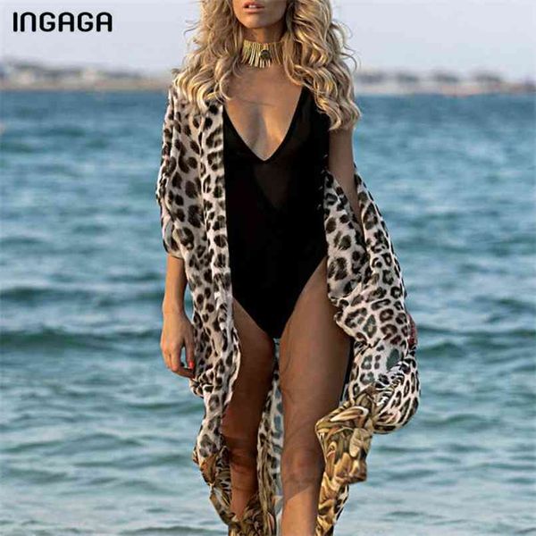 Ingaga LeoPard Print Long Beach Press Sexy Cardigan Beachwear Cover Up Half Halfe Wearwwear Женщины Beeted Купальник 210722