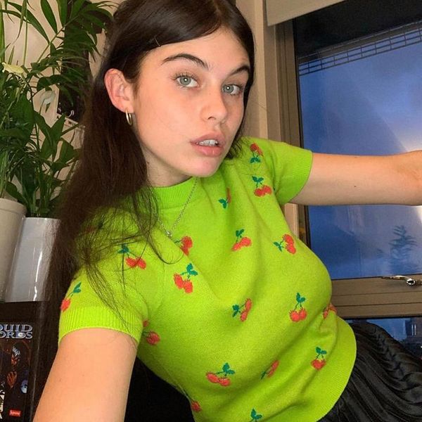 

women's t-shirt women\\u2021s casual cherry print short sleeve knitted fashion pattern loose pullover, White