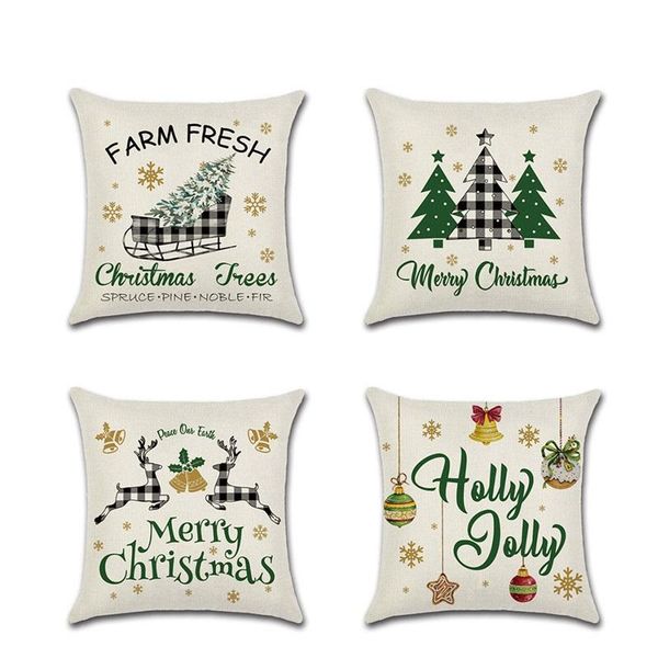 

black green theme cushion cover 2021 merry christmas tree sled deer bell print throw pillowcase sofa car home xmas decorative cushion/decora