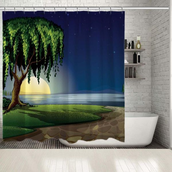 

shower curtains curtain full moon reflection on lake trees pathway stars summer sky peaceful landscape night view blue yellow green
