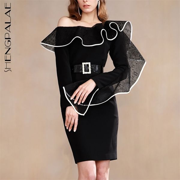 

elegant lace derss women's summer diagonal collar slim long sleeve mini dresses female tide 5c963 210427, Black;gray