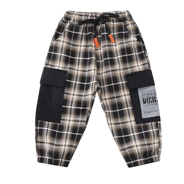 

trousers spring and autumn boys girls pants black plaid elastic band lace-up, Blue