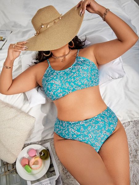 

plus ditsy floral print bikini swimsuit z4md#, Black