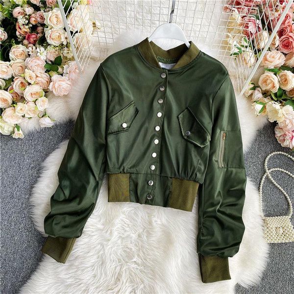 

women's jackets 2021 autumn army green short women fashion all-match casual baseball uniform female bf tooling jacket trend aq994, Black;brown