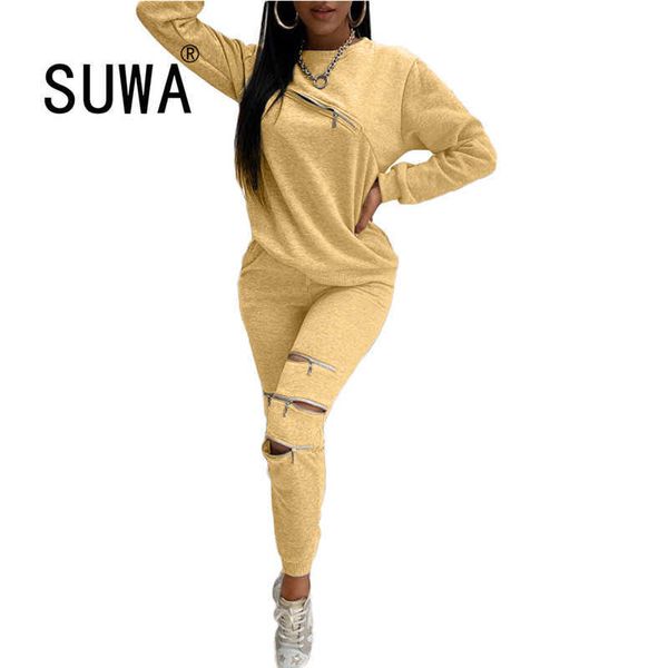 

wholesale fall winter clothes trendy chic classic fashion solid hole zipper womens tracksuit set pullover sweatshirt pants 210525, White