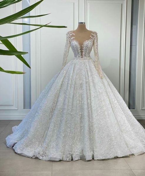 Wunderschöne Prinzessin-Ballkleid-Hochzeitskleider mit Perlen verziert, Pailletten, V-Ausschnitt, lange Ärmel, Brautkleider, Illusion, 3D-Spitzenapplikationen, Brautkleid