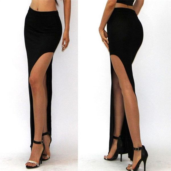 

skirts skirt women long lady empire open side split high waist slit maxi, Black