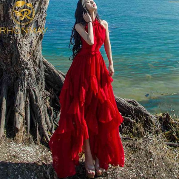 Bohemian Summer Donne Beaid Beach Maxi Dress Sexy off a spalla Chiffon Ruffles Red Irregula Big Swing Long 210506