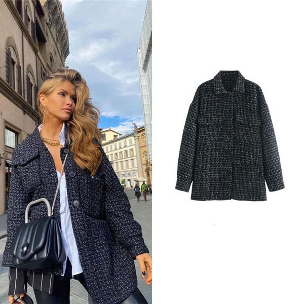 

literary and artistic small fragrance tweed coat autumn winter women's wear loose thin medium long texture, Black;brown