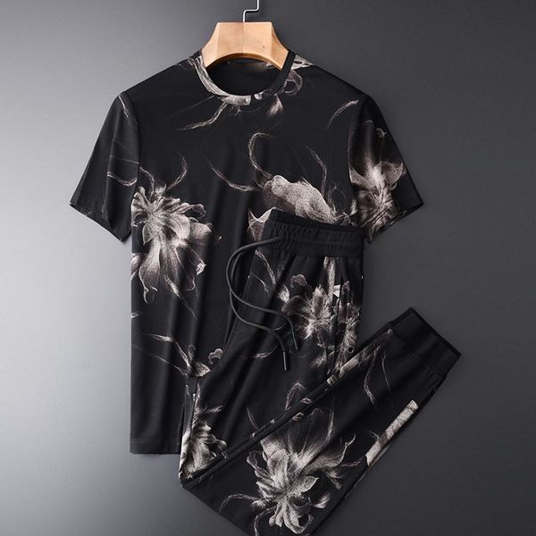 

men's tracksuits classic summer men sets (t-shirt+pants) allover printed short sleeve man plus size 3xl 4xl casual sport with pants, Gray