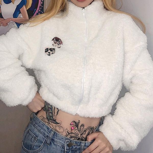 

women's jackets girls lapel zipper midriff-baring cardigan,autumn fashion ladies cartoon animal pattern long sleeve fluffy casual outw, Black;brown