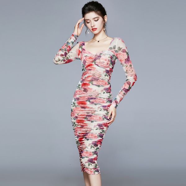 

elegant floral lady draped print bodycon hem crocheted dress up spring party fashion woman plaid clothes, Black;gray