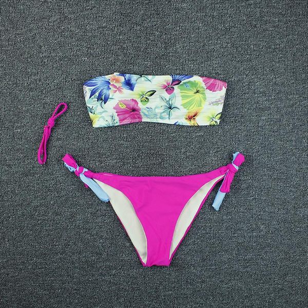 

women's swimwear summer bikini sets 2 pieces women floral print boob tube swimming trunks swimsuit beachwear, White;black