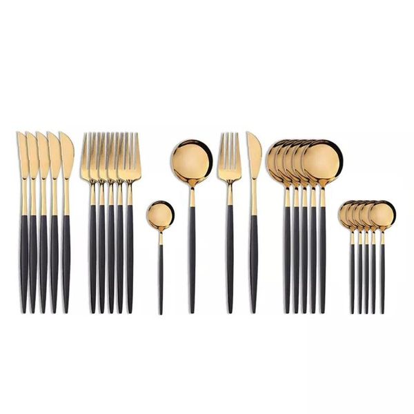 

dinnerware sets 24pcs 18/10 stainless steel set black gold cutlery spoon fork knife western cutleri silverware tableware supplies
