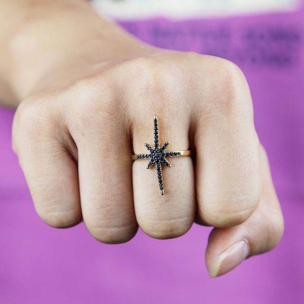 

wedding rings fashion women sunburst ring gold color pave black cz + jewelry northstar clear zircon punk party, Slivery;golden