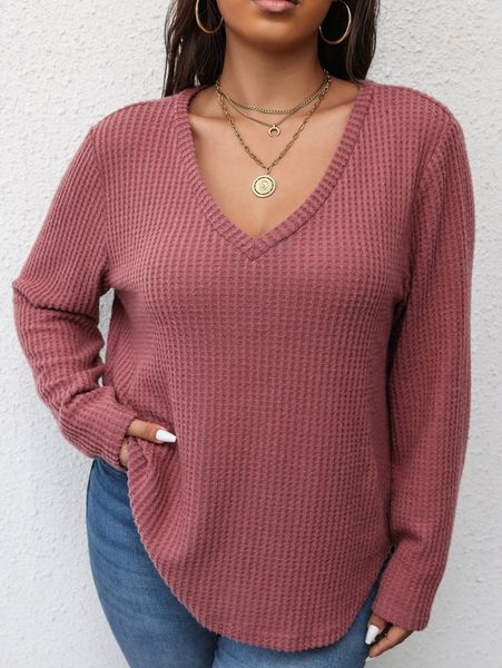 

plus waffle knit curved hem tee l88r#, Black