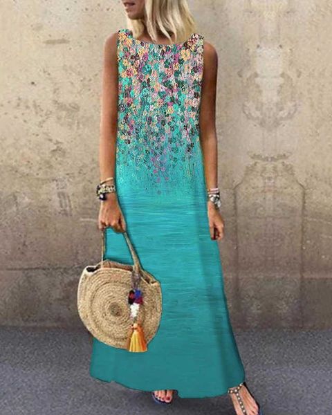 

2021 new floral pattern printed round neck long skirt casual home dress, White